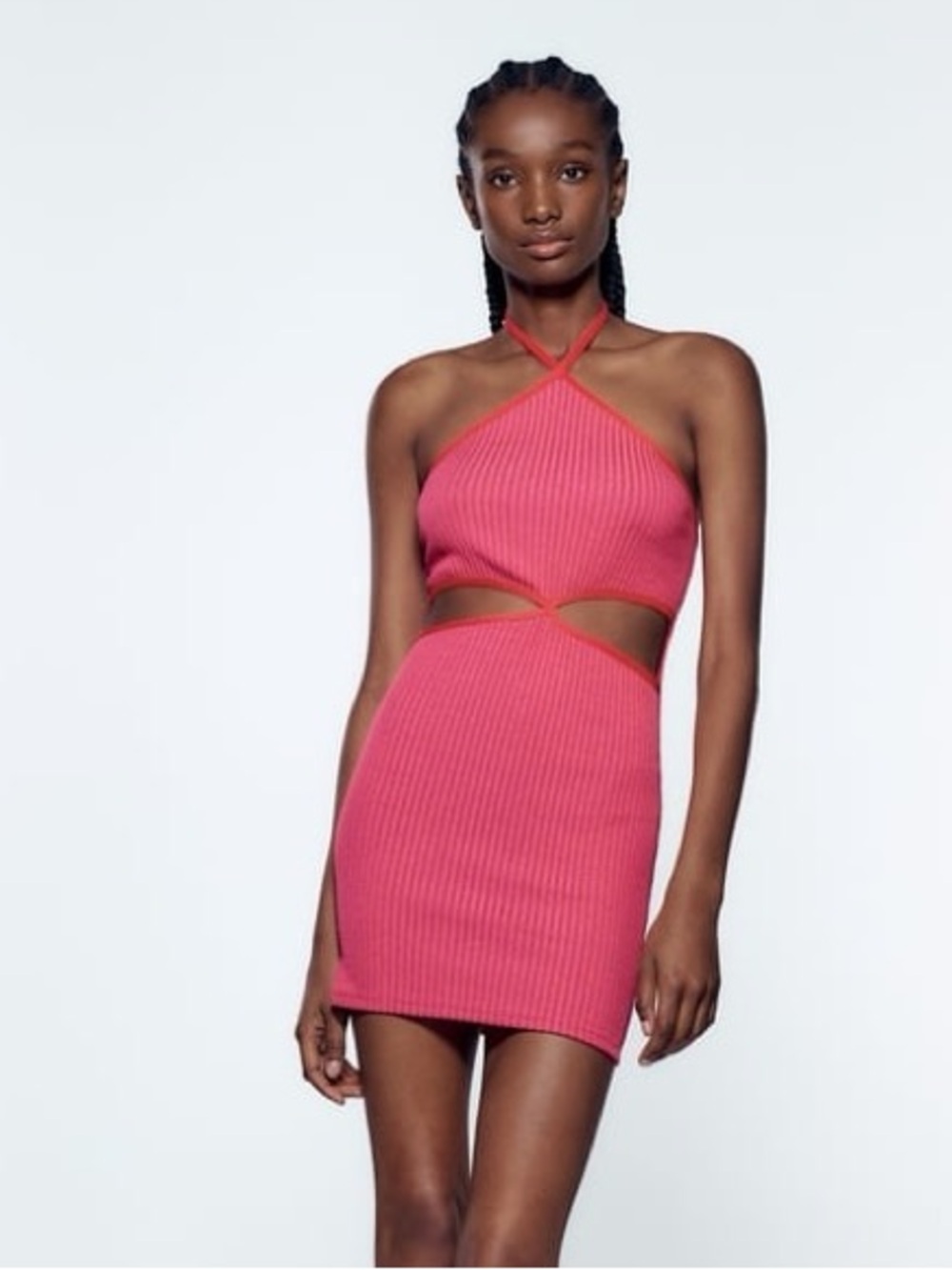 Zara Ribbed Halter Cutout Mini Dress in Fuchsia Pink